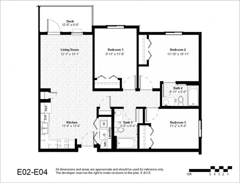 Floor plan for 3 beds, 2 baths, 1031 sqft
